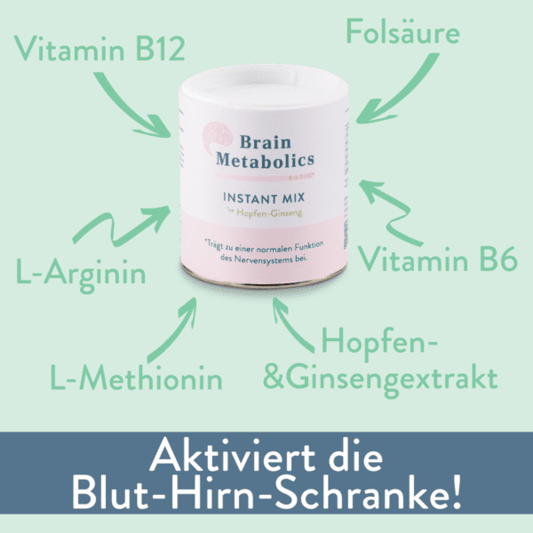 Der Brain Metabolics BASIC Instant Mix ist gefüllt mit den wichtigsten Nährstoffen & Vitaminen für das Gehirn! Mit Vitamin B12 & B6, Folsäure, den Aminosäuren L-Arginin sowie L-Methionin, einem beruhigenden Hopfenextrakt und einem Ginsengextrakt.